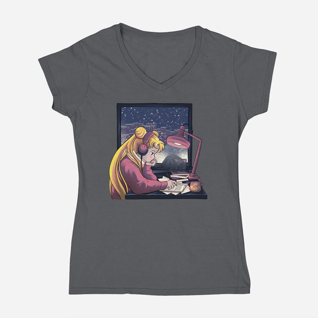 Lofi Moon Girl-Womens-V-Neck-Tee-rmatix