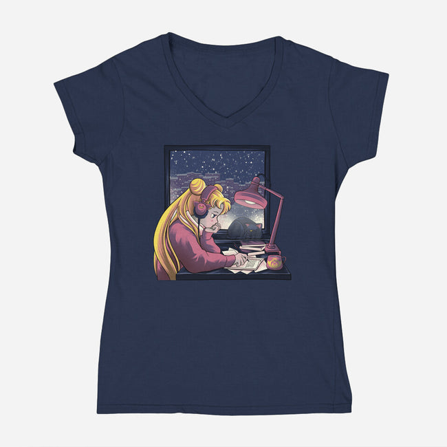 Lofi Moon Girl-Womens-V-Neck-Tee-rmatix