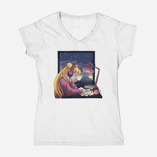 Lofi Moon Girl-Womens-V-Neck-Tee-rmatix
