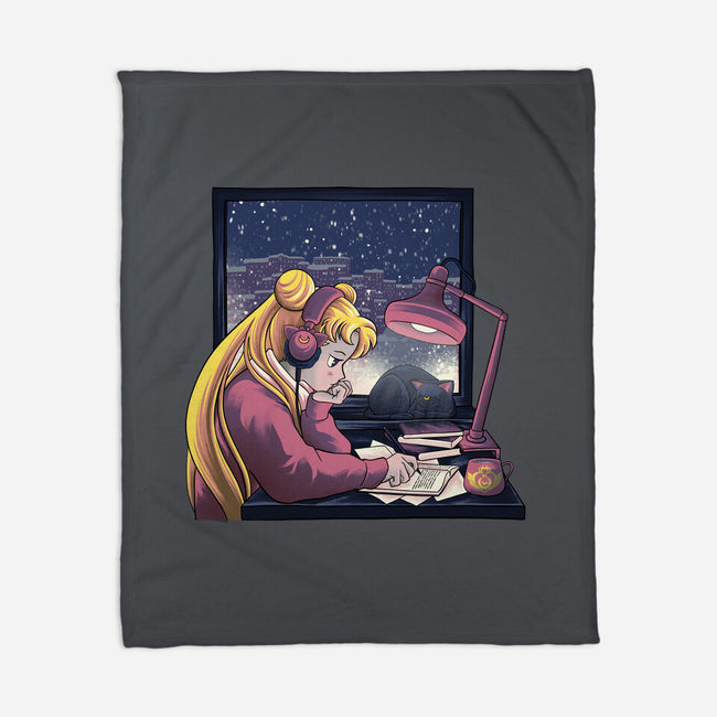 Lofi Moon Girl-None-Fleece-Blanket-rmatix