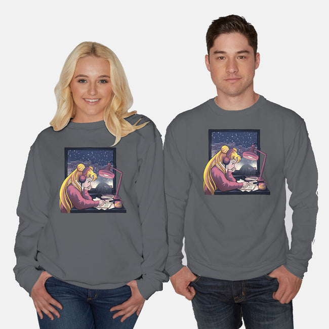 Lofi Moon Girl-Unisex-Crew Neck-Sweatshirt-rmatix