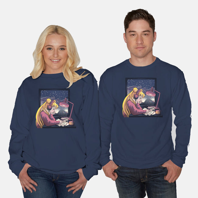Lofi Moon Girl-Unisex-Crew Neck-Sweatshirt-rmatix