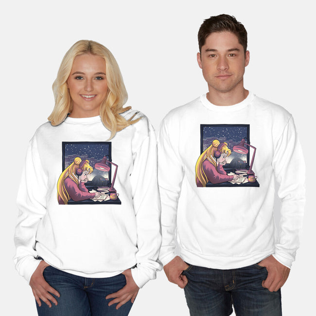 Lofi Moon Girl-Unisex-Crew Neck-Sweatshirt-rmatix