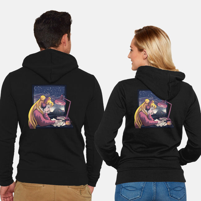 Lofi Moon Girl-Unisex-Zip-Up-Sweatshirt-rmatix