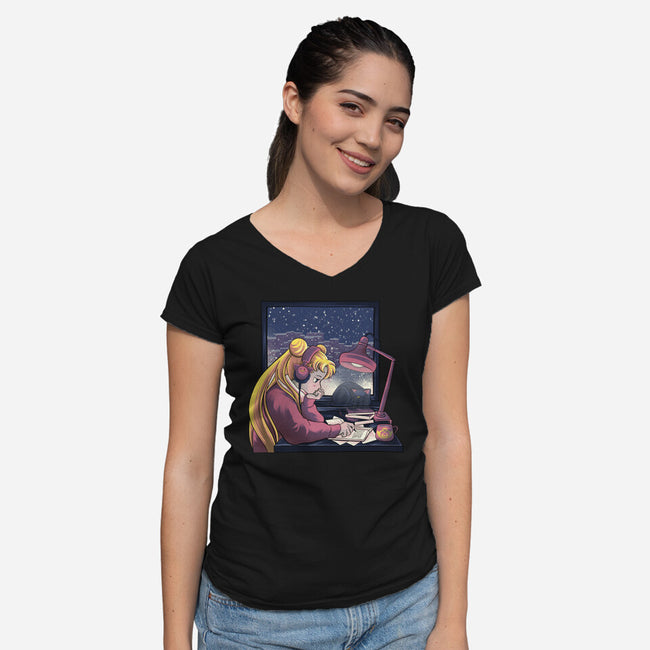 Lofi Moon Girl-Womens-V-Neck-Tee-rmatix
