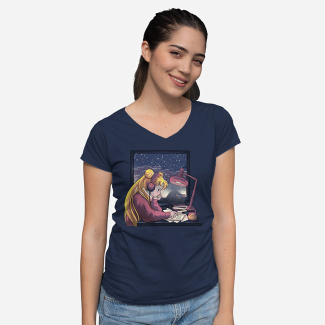 Lofi Moon Girl-Womens-V-Neck-Tee-rmatix