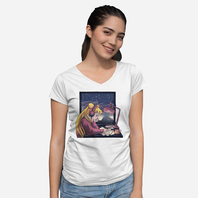 Lofi Moon Girl-Womens-V-Neck-Tee-rmatix