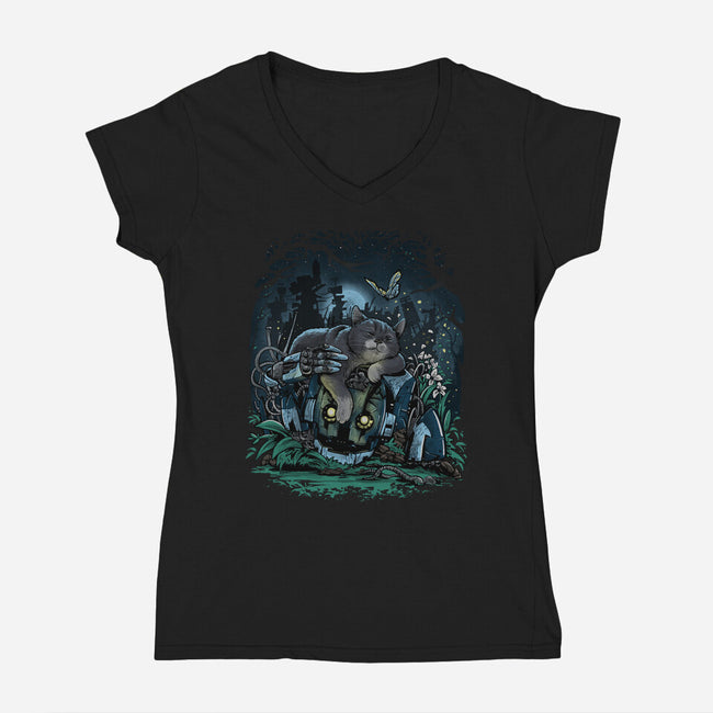 The Cat And The Robot-Womens-V-Neck-Tee-zascanauta