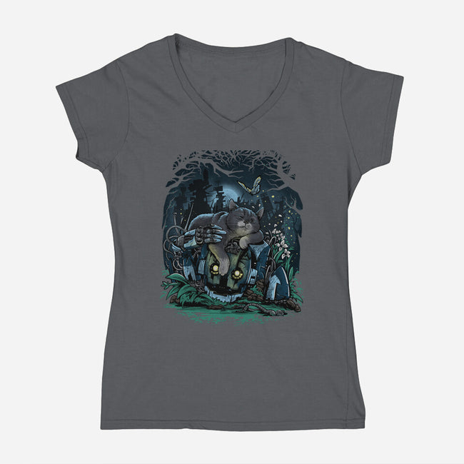 The Cat And The Robot-Womens-V-Neck-Tee-zascanauta