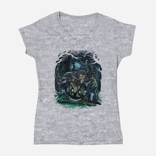 The Cat And The Robot-Womens-V-Neck-Tee-zascanauta