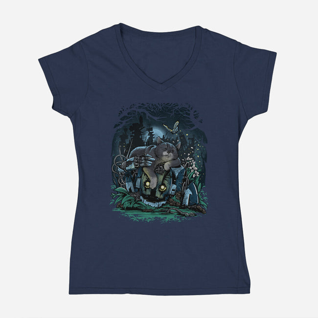 The Cat And The Robot-Womens-V-Neck-Tee-zascanauta