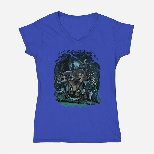 The Cat And The Robot-Womens-V-Neck-Tee-zascanauta