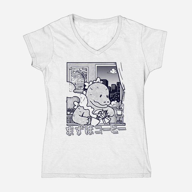 Kaiju Breakfast-Womens-V-Neck-Tee-sebasebi