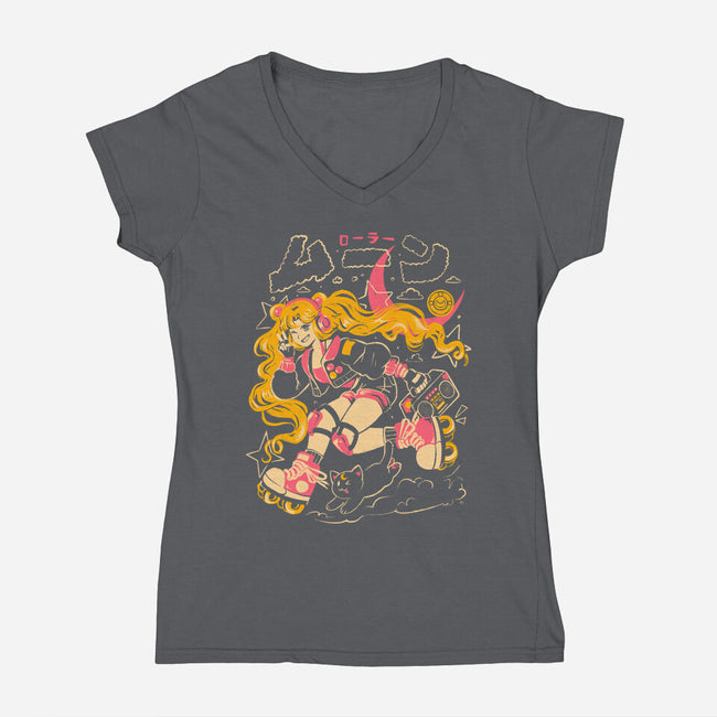 Roller Moon-Womens-V-Neck-Tee-Arigatees