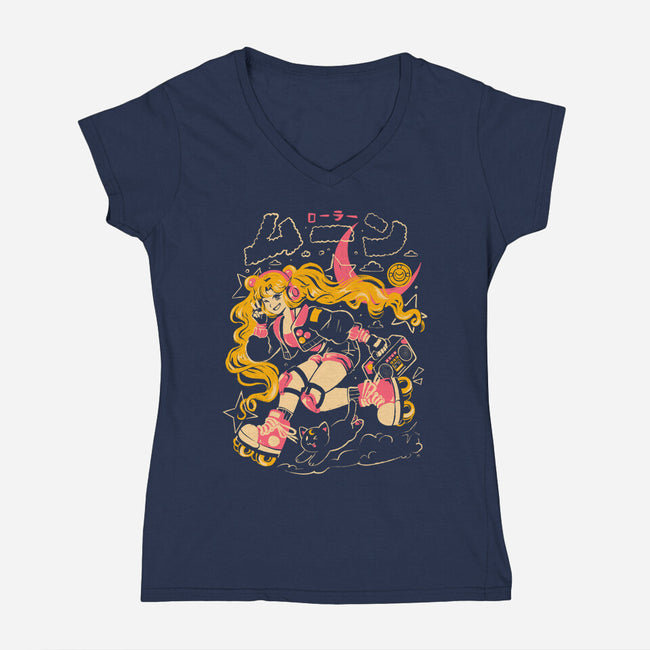 Roller Moon-Womens-V-Neck-Tee-Arigatees