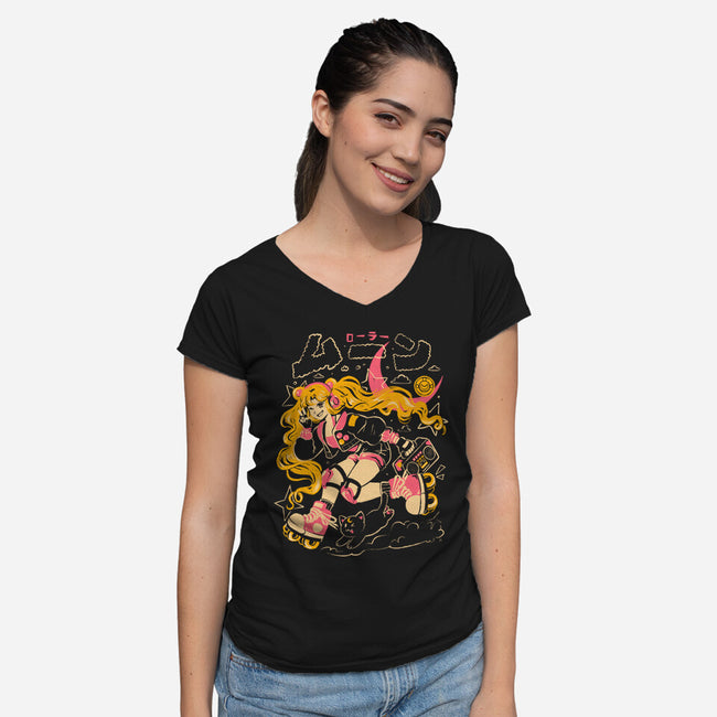 Roller Moon-Womens-V-Neck-Tee-Arigatees