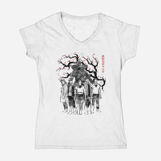 Hawkins Club Sumi-E-Womens-V-Neck-Tee-Astrobot Invention