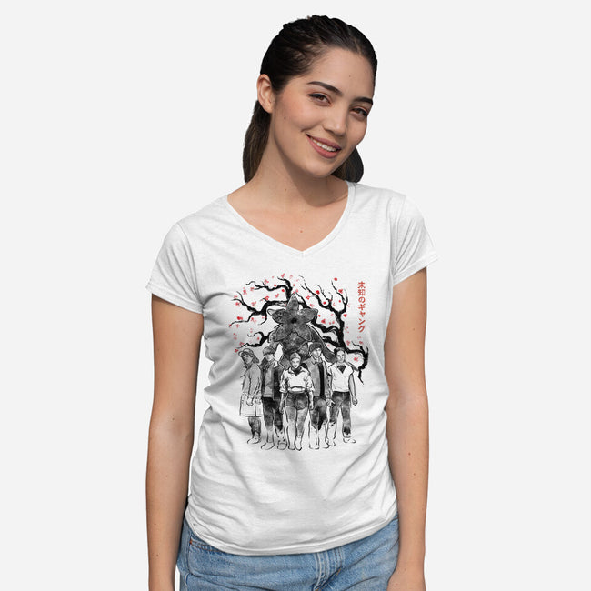 Hawkins Club Sumi-E-Womens-V-Neck-Tee-Astrobot Invention