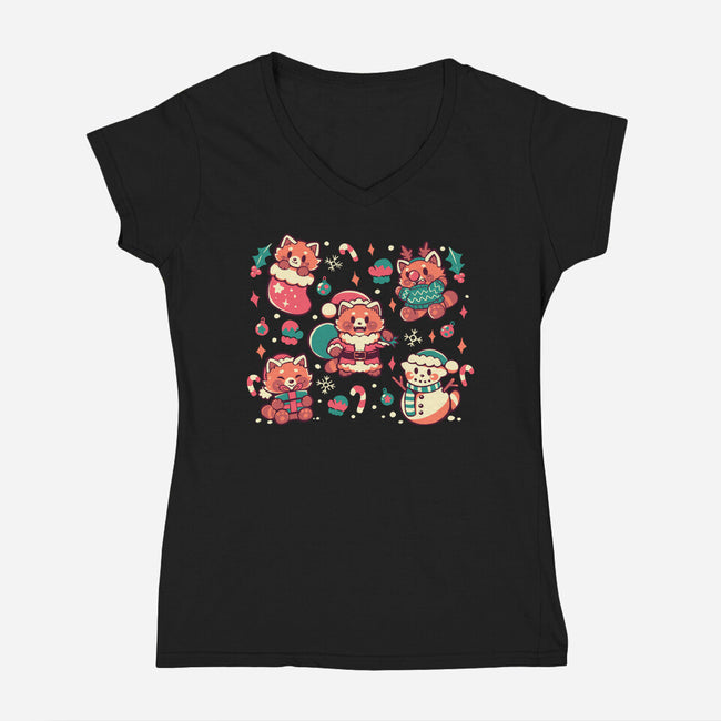 Festive Red Pandas-Womens-V-Neck-Tee-TechraNova