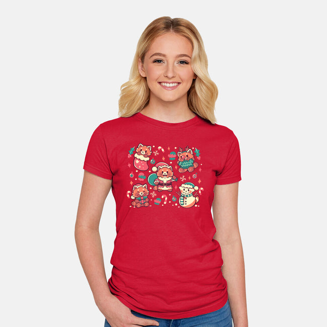 Festive Red Pandas-Womens-Fitted-Tee-TechraNova