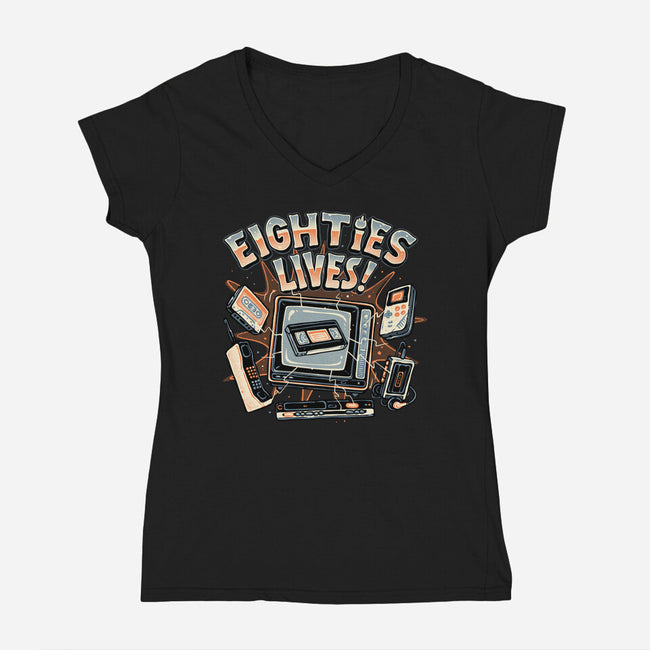 Eighties Lives-Womens-V-Neck-Tee-glitchygorilla
