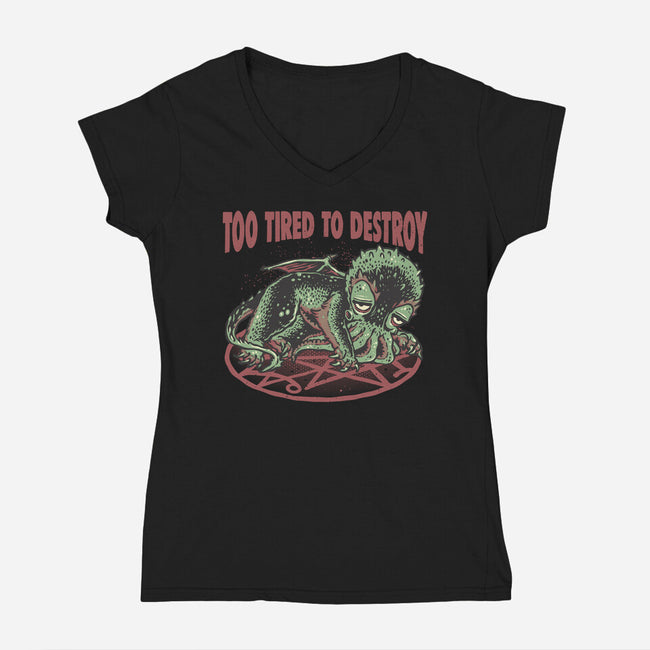 Too Tired To Destroy-Womens-V-Neck-Tee-glitchygorilla