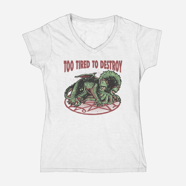 Too Tired To Destroy-Womens-V-Neck-Tee-glitchygorilla