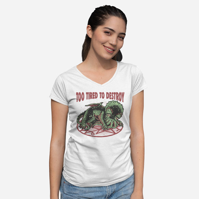 Too Tired To Destroy-Womens-V-Neck-Tee-glitchygorilla
