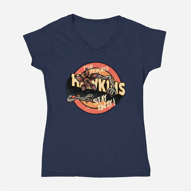 Stay Away From Hawkins-Womens-V-Neck-Tee-glitchygorilla