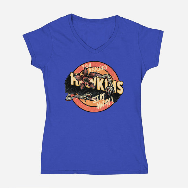 Stay Away From Hawkins-Womens-V-Neck-Tee-glitchygorilla