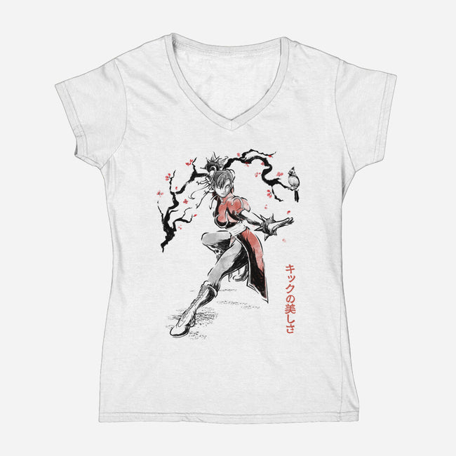 The Kicking Beauty Sumi-E-Womens-V-Neck-Tee-Astrobot Invention