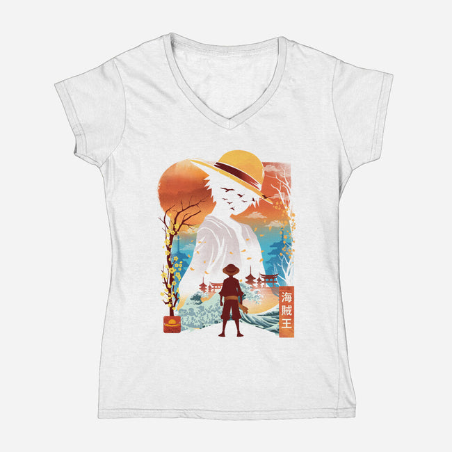 Ukiyo King Pirate-Womens-V-Neck-Tee-dandingeroz