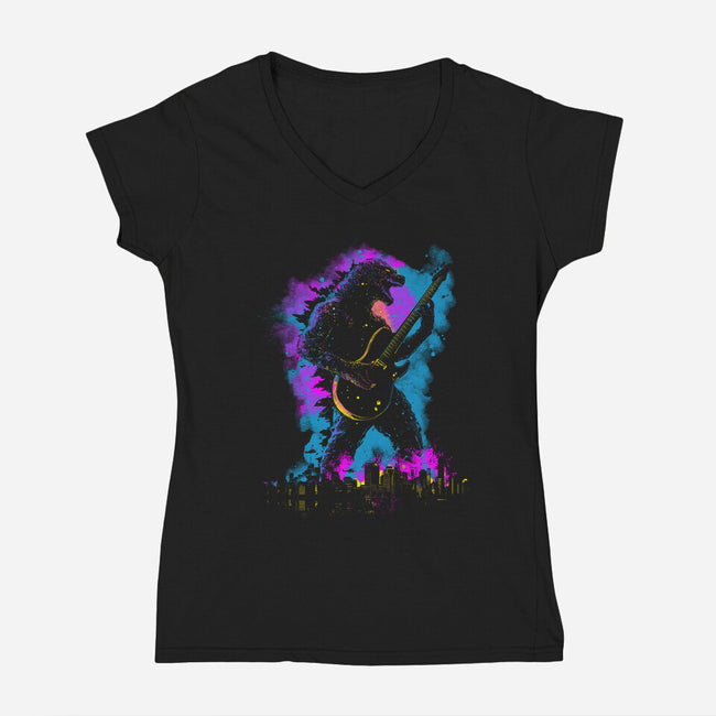 Rock Zilla-Womens-V-Neck-Tee-kharmazero