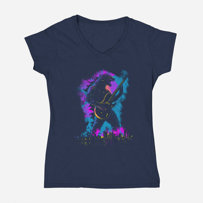 Rock Zilla-Womens-V-Neck-Tee-kharmazero