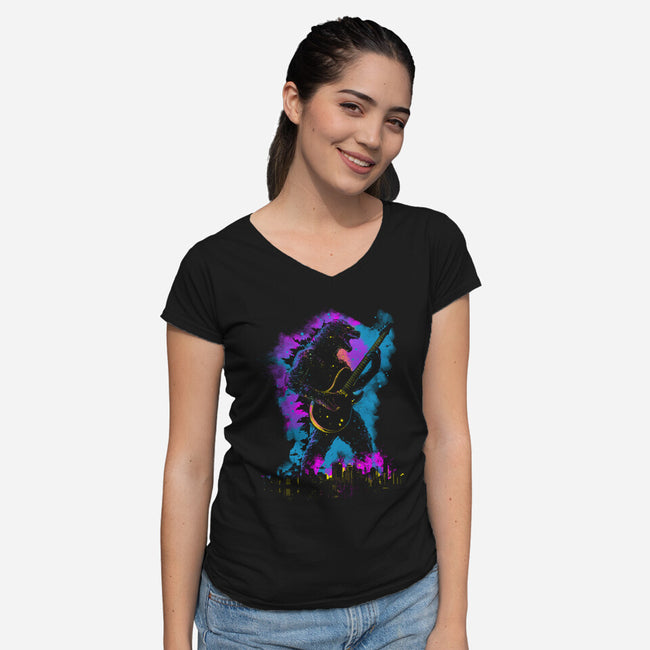 Rock Zilla-Womens-V-Neck-Tee-kharmazero