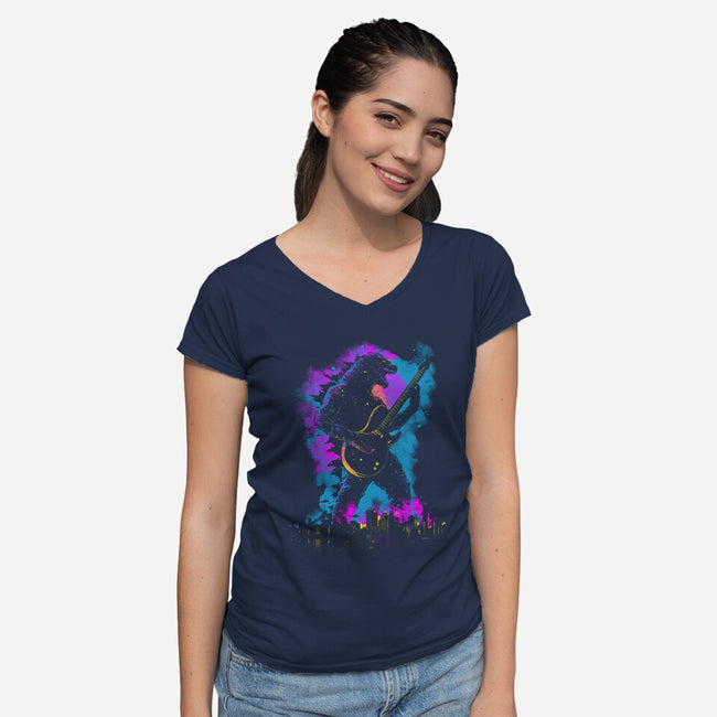 Rock Zilla-Womens-V-Neck-Tee-kharmazero