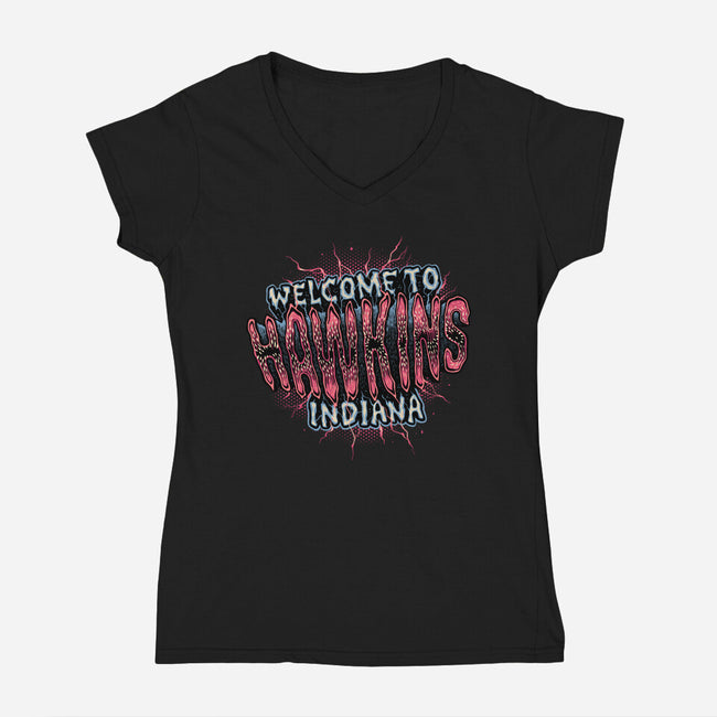 Hawkins Indiana-Womens-V-Neck-Tee-glitchygorilla