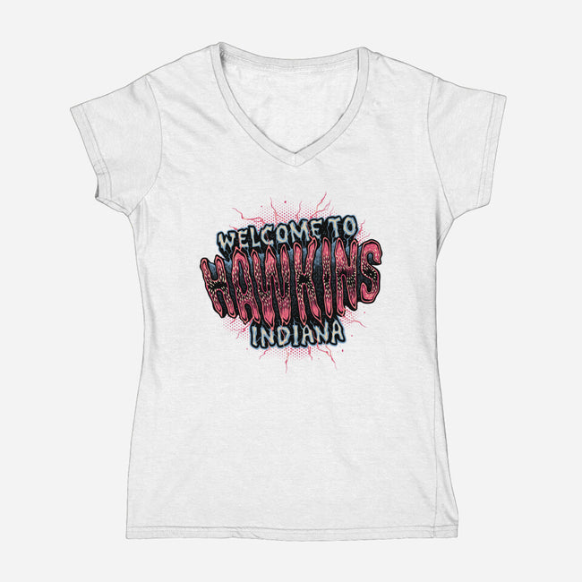 Hawkins Indiana-Womens-V-Neck-Tee-glitchygorilla