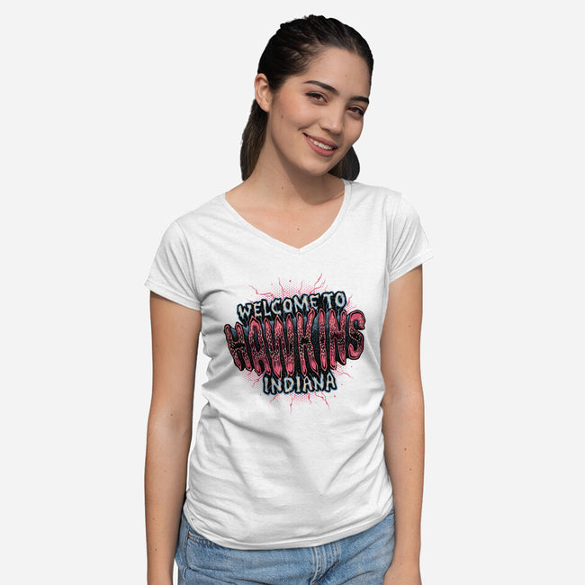 Hawkins Indiana-Womens-V-Neck-Tee-glitchygorilla