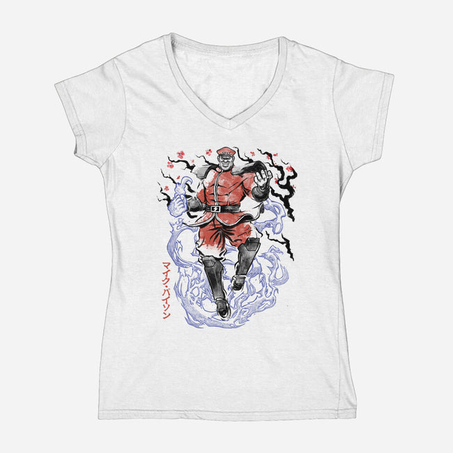 Crimson Dictator Sumi-E-Womens-V-Neck-Tee-Astrobot Invention