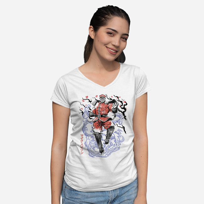 Crimson Dictator Sumi-E-Womens-V-Neck-Tee-Astrobot Invention