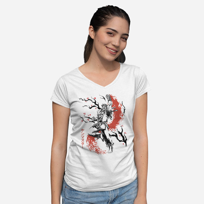 Scarlet Flame Ken Sumi-E-Womens-V-Neck-Tee-Astrobot Invention