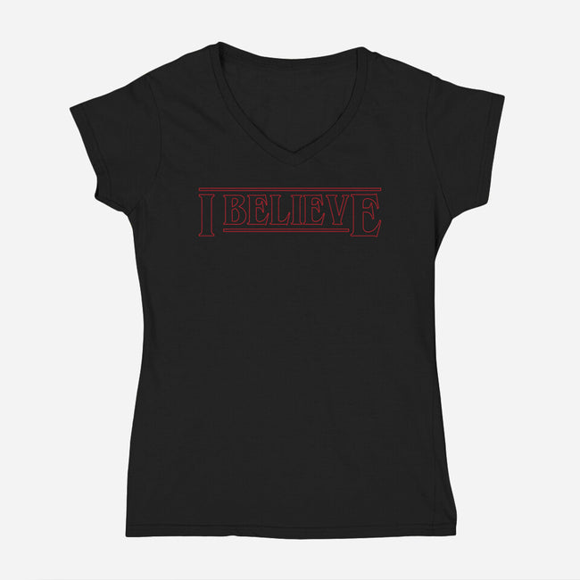 I Believe ST-Womens-V-Neck-Tee-DrMonekers