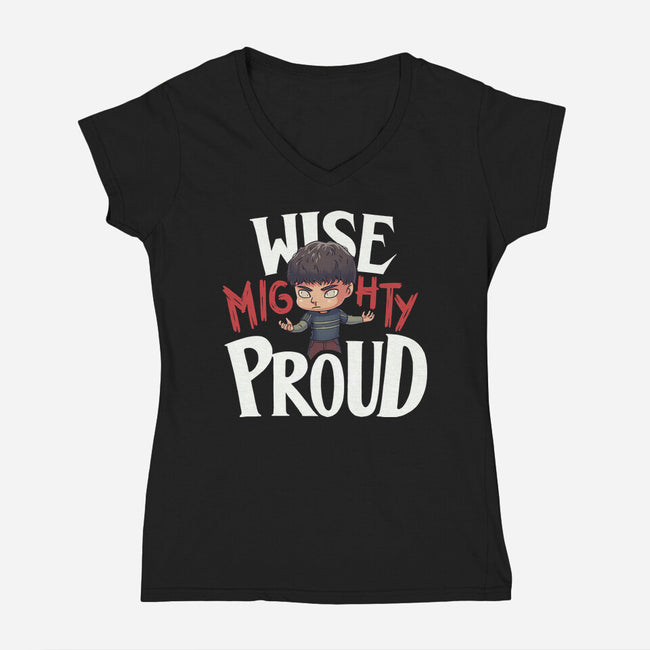 Wise Mighty Proud-Womens-V-Neck-Tee-Geekydog