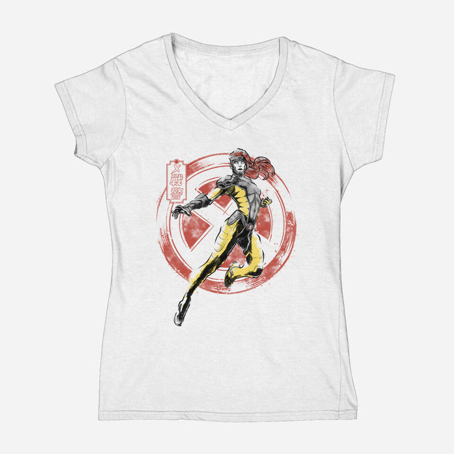Psychic Phoenix Sumi-E-Womens-V-Neck-Tee-Astrobot Invention