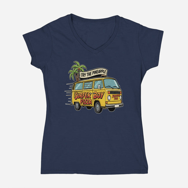 Surfer Boy Pizza-Womens-V-Neck-Tee-LILIVIA