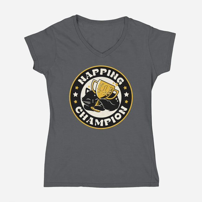 Napping Champion Cat-Womens-V-Neck-Tee-tobefonseca