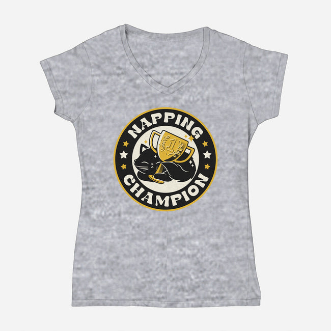 Napping Champion Cat-Womens-V-Neck-Tee-tobefonseca