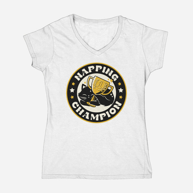 Napping Champion Cat-Womens-V-Neck-Tee-tobefonseca