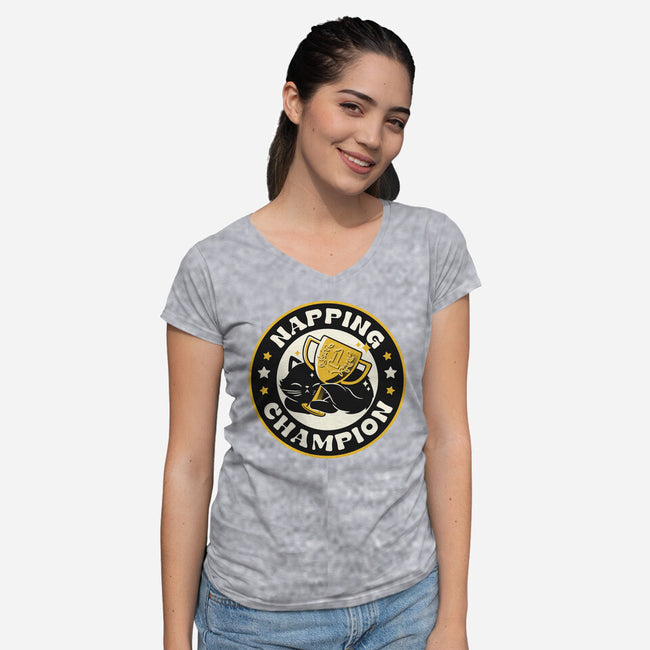 Napping Champion Cat-Womens-V-Neck-Tee-tobefonseca